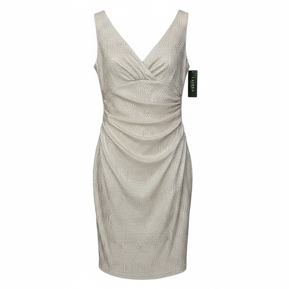 NWT Lauren Ralph Lauren Metallic Shimmer‎ Wrap Dress Gold Size 12 Cocktail Party